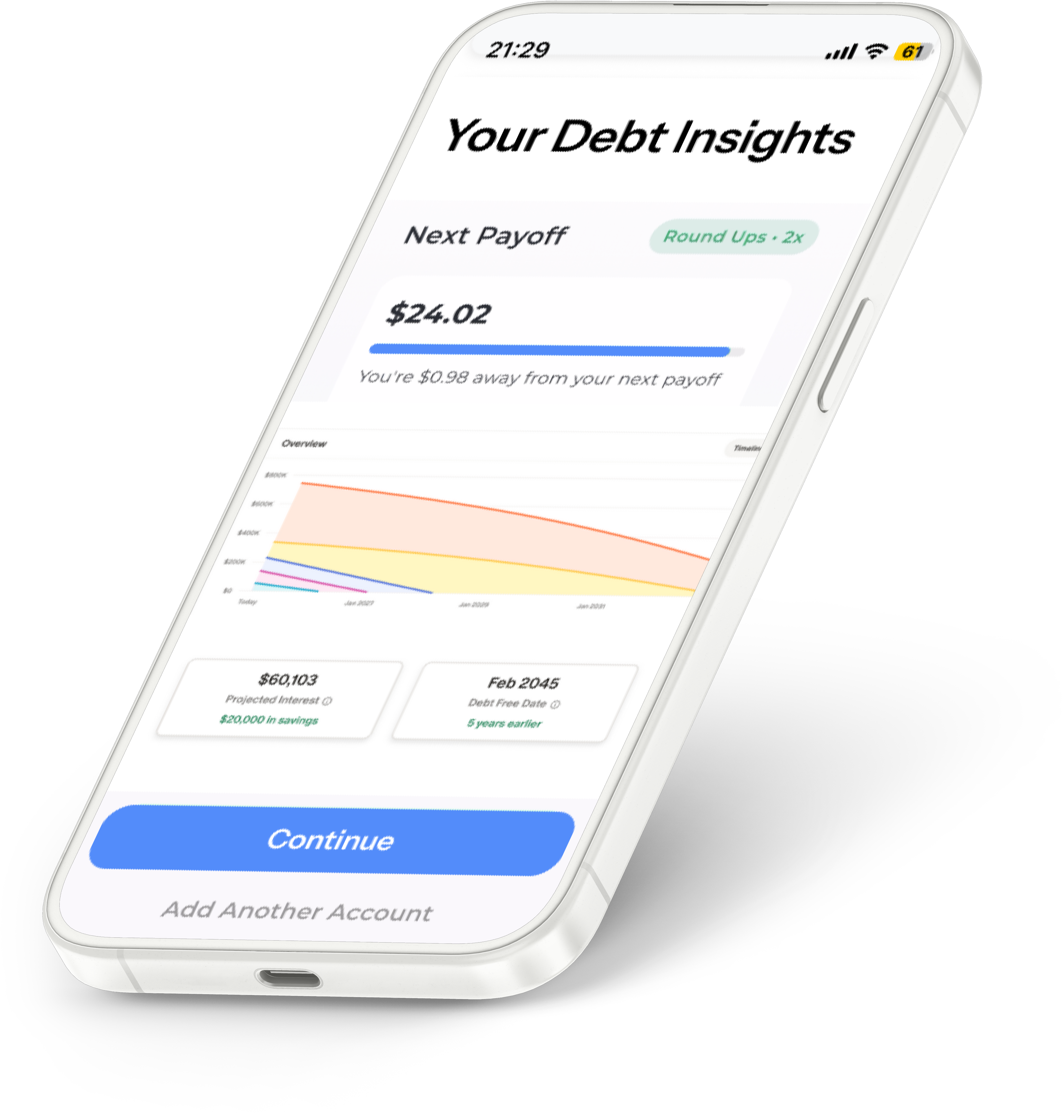 Rounds Debt Payoff app showing debt insights, payoff timeline, and round-up savings